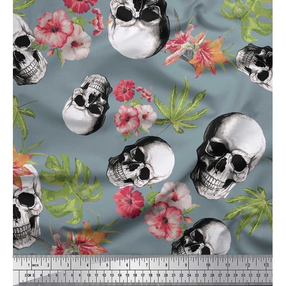 Soimoi Silk Fabric Monstera Leaves,Floral & Horror Skull Halloween Print Sewing Fabric Yard 42 Inch Wide