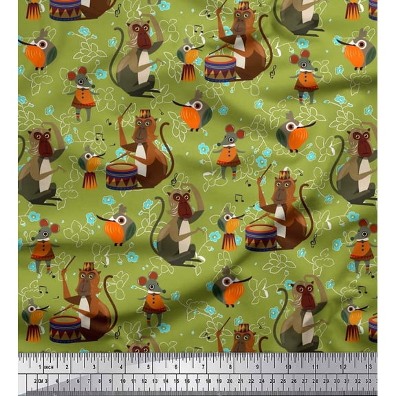 Soimoi Silk Fabric Musical Instruments,Monkey & Rat Cartoon Print Sewing Fabric Yard 42 Inch Wide