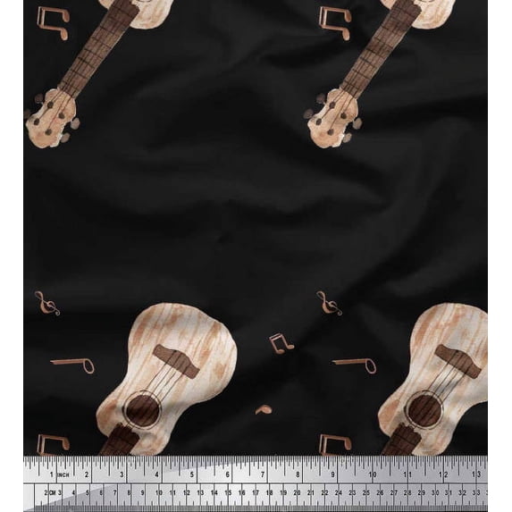 Soimoi Silk Fabric Notes & Guitar Musical Instrument Print Fabric by The Yard 42 Inch Wide
