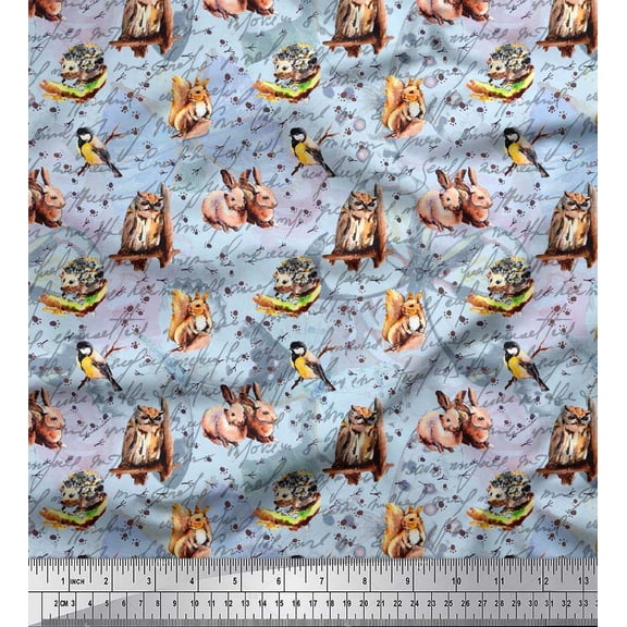 Soimoi Silk Fabric Owl,Squirrel & Rabbit Animal Fabric Prints by Yard 42 Inch Wide