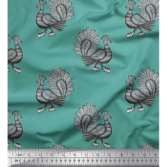 Soimoi Silk Fabric Peacock Block Print Fabric by Yard 42 Inch Wide