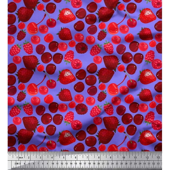 Soimoi Silk Fabric Raspberry,Strawberry & Cherry Fruits Fabric Prints by Yard 42 Inch Wide