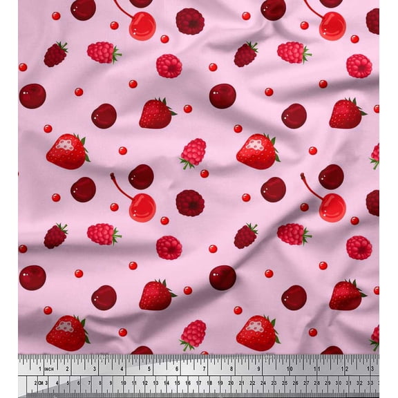 Soimoi Silk Fabric Raspberry,Strawberry & Cherry Fruits Print Sewing Fabric Yard 42 Inch Wide