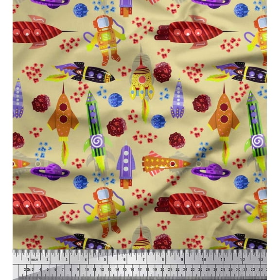 Soimoi Silk Fabric Rocket,Planet & Astronaut Cartoon Decor Fabric Printed Yard 42 Inch Wide