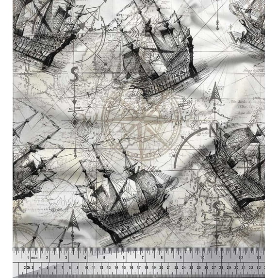 Soimoi Silk Fabric Ship & Direction Compass Nautical Decor Fabric Printed Yard 42 Inch Wide