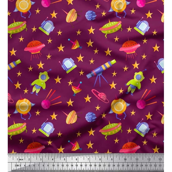 Soimoi Silk Fabric Spaceship,Star & Telescope Cartoon Printed Craft Fabric by The Yard 42 Inch Wide