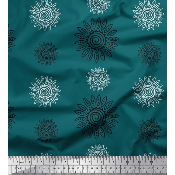 Soimoi Silk Fabric Spiral & Floral Block Printed Fabric 1 Yard 42 Inch Wide