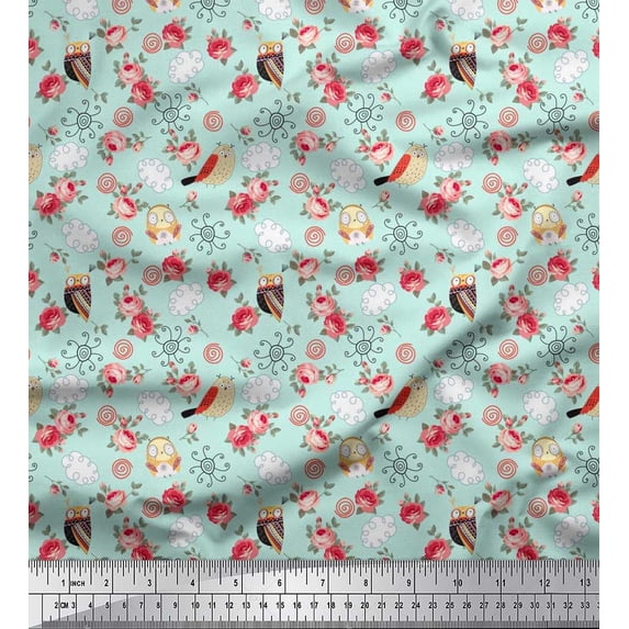 Soimoi Silk Fabric Spiral,Owl & Rose Floral Printed Craft Fabric by The Yard 42 Inch Wide