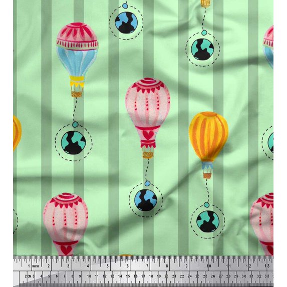 Soimoi Silk Fabric Stripe & Hot Air Balloon Holiday Fabric Prints by Yard 42 Inch Wide