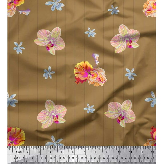 Soimoi Silk Fabric Stripe,Wildflower & Orchids Floral Printed Fabric 1 Yard 42 Inch Wide