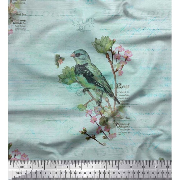 Soimoi Silk Fabric Text,Floral & European Greenfinch Bird Decor Fabric Printed Yard 42 Inch Wide