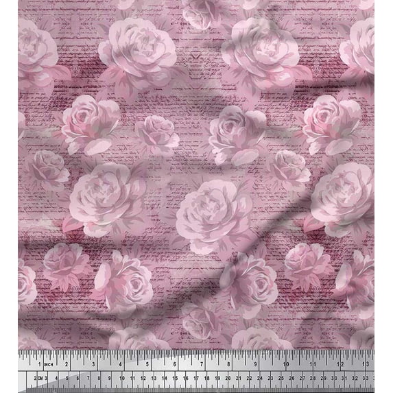 Soimoi Silk Fabric Text,Leaves & Rose Flower Print Sewing Fabric Yard 42 Inch Wide