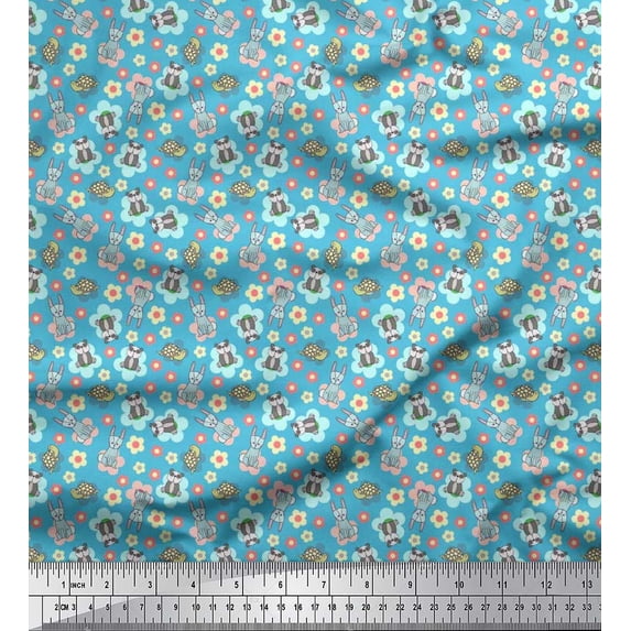 Soimoi Silk Fabric Tortoise,Rabbit & Panda Kids Print Fabric by The Yard 42 Inch Wide