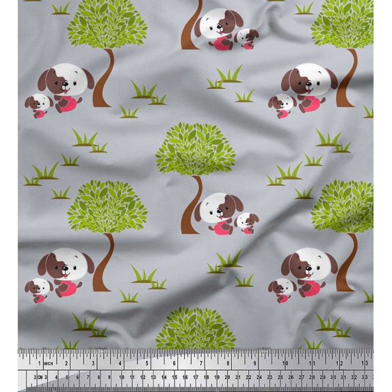 Soimoi Silk Fabric Tree & Dog Kids Print Sewing Fabric Yard 42 Inch Wide