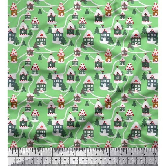 Soimoi Silk Fabric Tree & House Architectural Fabric Prints by Yard 42 Inch Wide