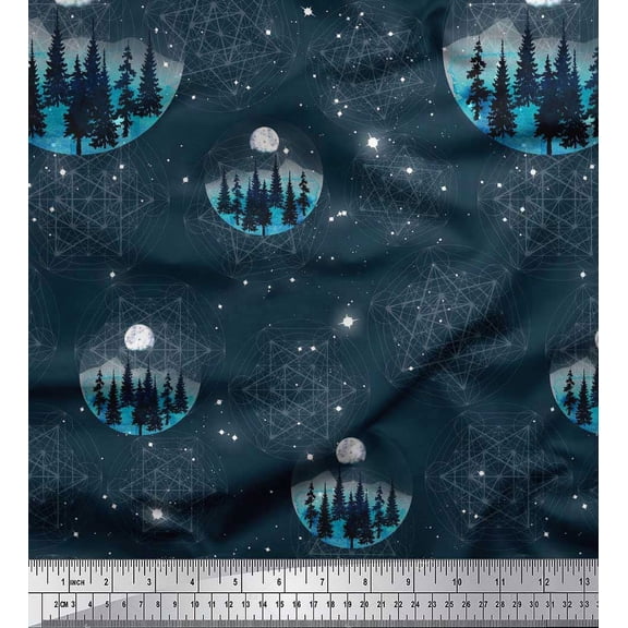Soimoi Silk Fabric Tree,Moon & Sacred Geometry Galaxy Print Sewing Fabric Yard 42 Inch Wide