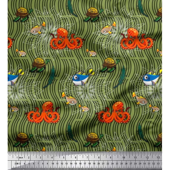 Soimoi Silk Fabric Turtle,Fish & Octopus Ocean Printed Fabric 1 Yard 42 Inch Wide
