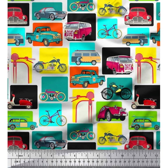 Soimoi Silk Fabric Vehicles Patchwork Printed Fabric 1 Yard 42 Inch Wide