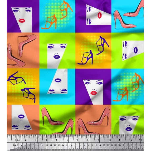 Soimoi Silk Fabric Women Face & High Heels Fashion Print Fabric by Yard 42 Inch Wide