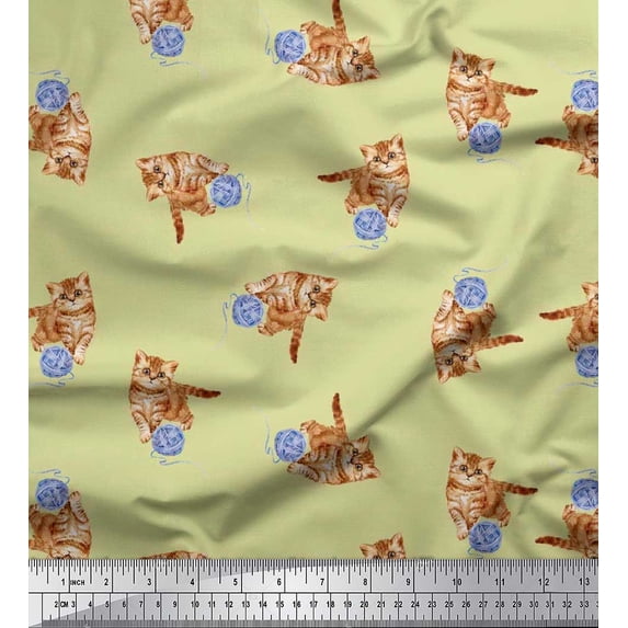 Soimoi Silk Fabric Wool & Cat Animal Printed Fabric 1 Yard 42 Inch Wide
