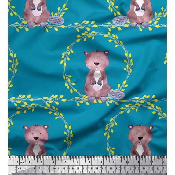 Soimoi Silk Fabric Wreath & Bear Animal Fabric Prints by Yard 42 Inch Wide