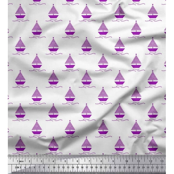 Soimoi Silk Fabric Yacht & Waves Nautical Fabric Prints By Yard 42 Inch Wide