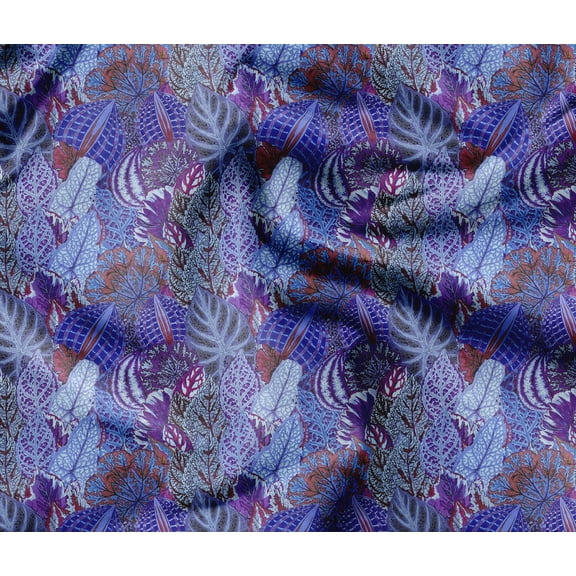 Soimoi Leaves Print - Blue, Moss Georgette Fabric Material - 42 Inch Wide, 1 Yard, Unstitched Versatile Fabric For Dresses, Skirts, Blouses, Drapery Projects