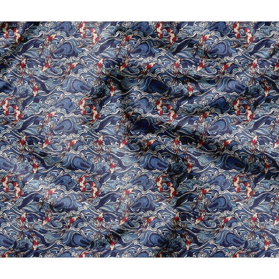 Soimoi Silky Satin Fabric Material, 1 Yard - 42" Inch Width, Blue - Abstract Print - Soft Shiny Fabric For Dress, Pillowcases, Pajamas, Evening Dress, Diy