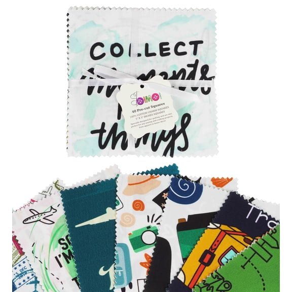 Soimoi Travel PrintPrecut 5-inch CottonFabricQuiltingSquaresCharm Pack DIY Patchwork Sewing Craft- Multicolor