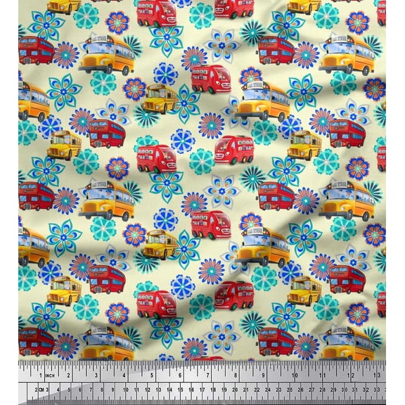 Soimoi Velvet Fabric Artistic Floral & School Bus Kids Printed Fabric 1 Yard 58 Inch Wide
