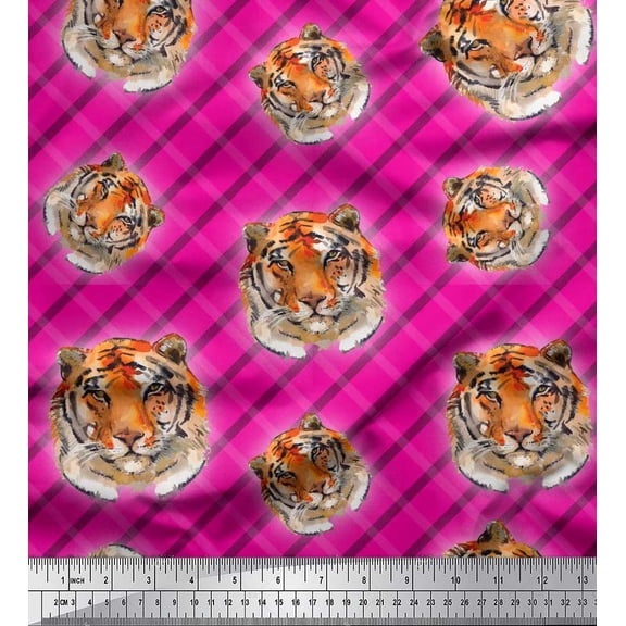 Soimoi Velvet Fabric Check & Tiger Face Animal Printed Fabric 1 Yard 58 Inch Wide