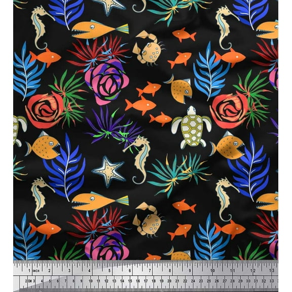 Soimoi Velvet Fabric Coral,Fish & Sea Turtle Ocean Printed Fabric 1 Yard 58 Inch Wide