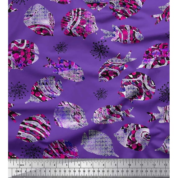 Soimoi Velvet Fabric Coral & Textured Fish Ocean Print Sewing Fabric Yard 58 Inch Wide