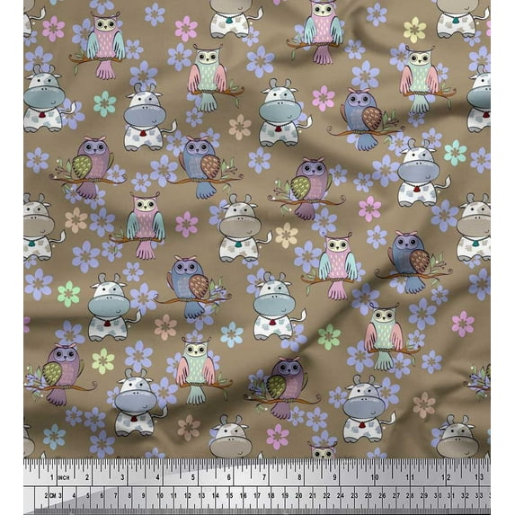 Soimoi Velvet Fabric Floral,Owl & Cow Cartoon Print Sewing Fabric Yard 58 Inch Wide