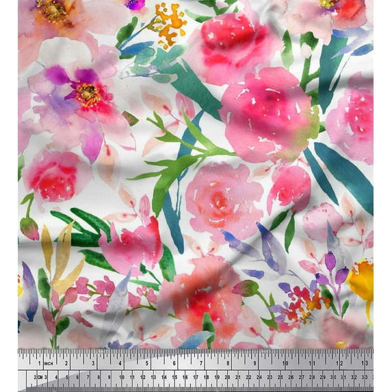 Soimoi Velvet Fabric Flower & Leaves Watercolor Decor Fabric Printed Yard 58 Inch Wide