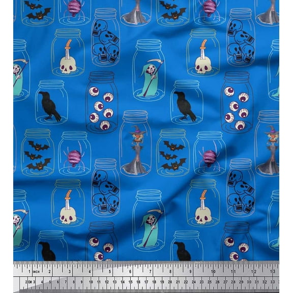 Soimoi Velvet Fabric Ghost,Skull & Witch Halloween Decor Fabric Printed Yard 58 Inch Wide