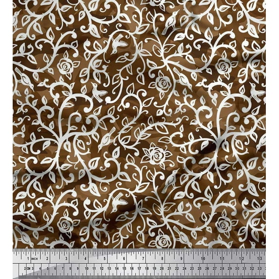 Soimoi Velvet Fabric Leaves,Bird & Rose Flower Print Fabric by Yard 58 Inch Wide