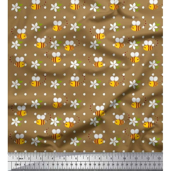 Soimoi Velvet Fabric Leaves,Floral & Honey Bee Clip Art Print Fabric by The Yard 58 Inch Wide