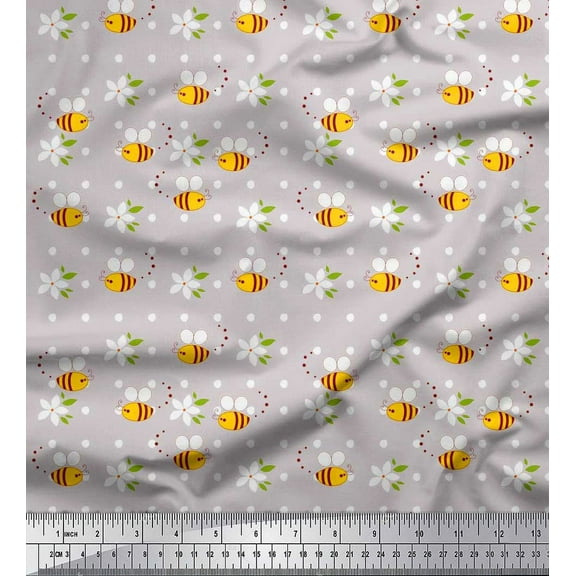 Soimoi Velvet Fabric Leaves,Floral & Honey Bee Clip Art Printed Craft Fabric by The Yard 58 Inch Wide