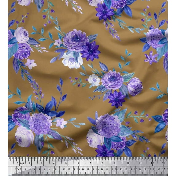 Soimoi Velvet Fabric Leaves,Lilac & Peony Floral Print Fabric by The Yard 58 Inch Wide