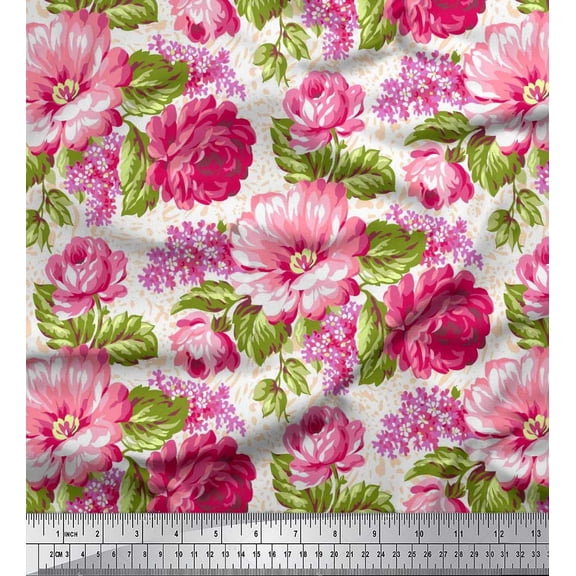 Soimoi Velvet Fabric Leaves & Peony Floral Print Sewing Fabric Yard 58 Inch Wide