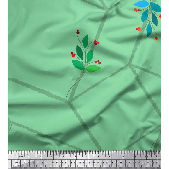 Soimoi Velvet Fabric Leaves,Red Berries & Maze Cube Geometric Print Sewing Fabric Yard 58 Inch Wide