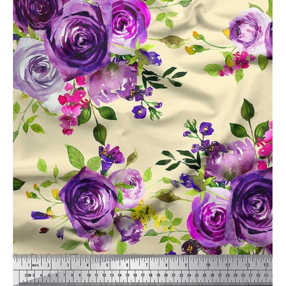 Soimoi Velvet Fabric Leaves & Rose Flower Decor Fabric Printed Yard 58 Inch Wide