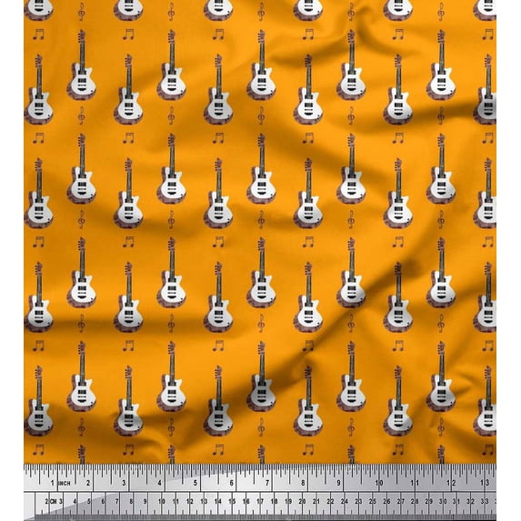 Soimoi Velvet Fabric Notes & Guitar Musical Instrument Print Sewing Fabric Yard 58 Inch Wide