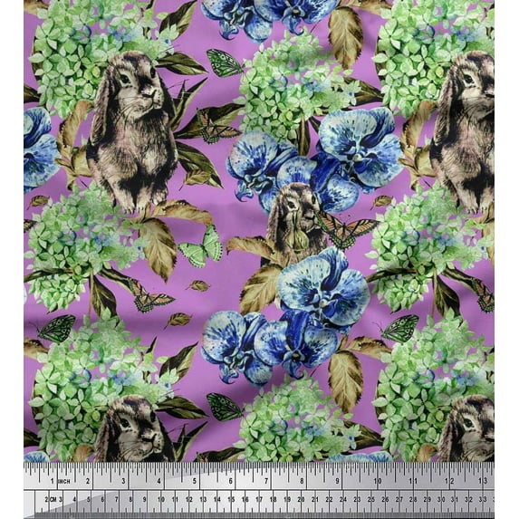 Soimoi Velvet Fabric Rabbit,Lilac & Pansy Floral Decor Fabric Printed Yard 58 Inch Wide
