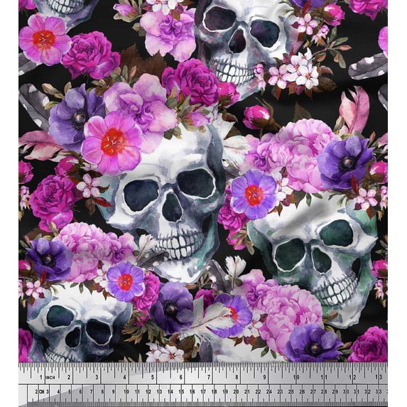 Soimoi Velvet Fabric Skull,Rose & Anemone Flower Print Fabric by Yard 58 Inch Wide