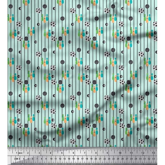 Soimoi Velvet Fabric Stripe,Bowling Pins Ball & Football Sports Printed Fabric 1 Yard 58 Inch Wide
