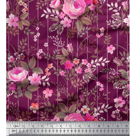 Soimoi Velvet Fabric Stripe,Leaves & Rose Floral Print Sewing Fabric Yard 58 Inch Wide