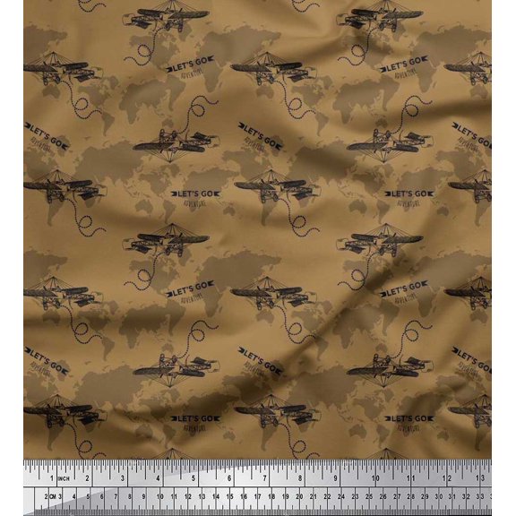 Soimoi Velvet Fabric Text,Airplane & Map Print Sewing Fabric Yard 58 Inch Wide