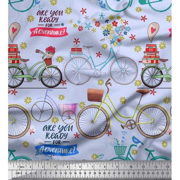 Soimoi Velvet Fabric Text,Floral & Bicycle Transport Printed Fabric 1 Yard 58 Inch Wide